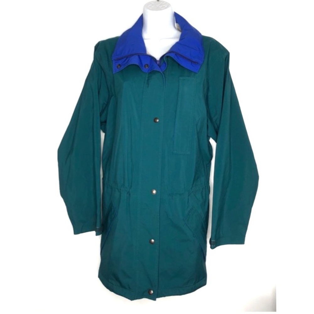 LL Bean Vintage Green Blue Color Block Zipper Windbreaker Jacket Large